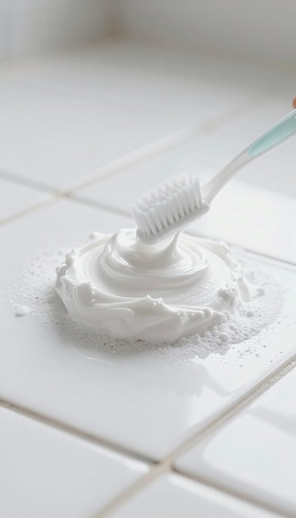 Applying baking soda paste to floor grout with a toothbrush for cleaning