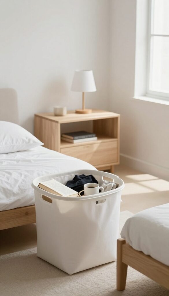 Laundry basket filled with clutter in a clean bedroom, surface sweep cleaning method
