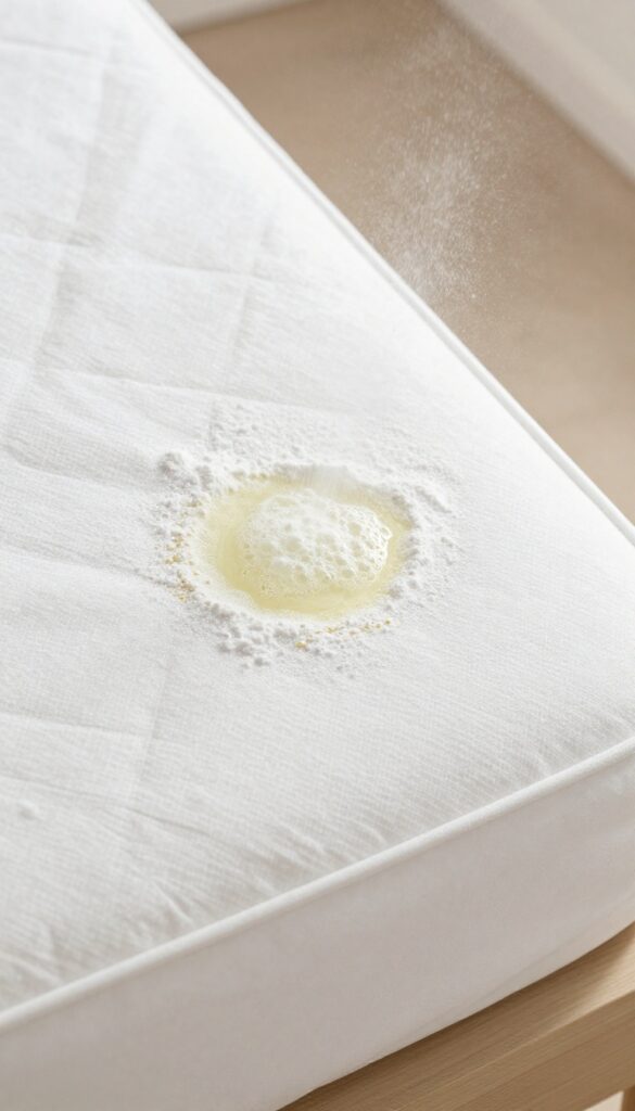 Baking soda and vinegar fizzing on a mattress stain to lift dirt and odors
