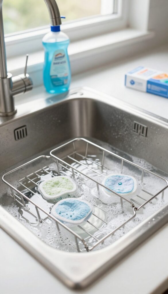 Oven racks soaking in hot soapy water with dryer sheets in a kitchen sink