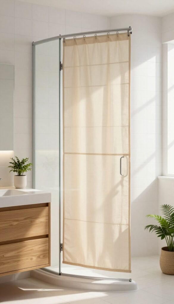 Roman shade mounted above glass shower door for privacy, soft fabric texture, bright bathroom decor