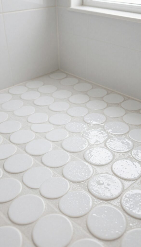 Close-up of white penny round tiles on a shower floor with light gray grout, soft natural light, and a subtle water sheen.