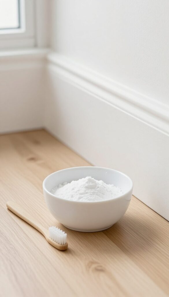 Baking soda paste on a toothbrush next to a scuffed baseboard