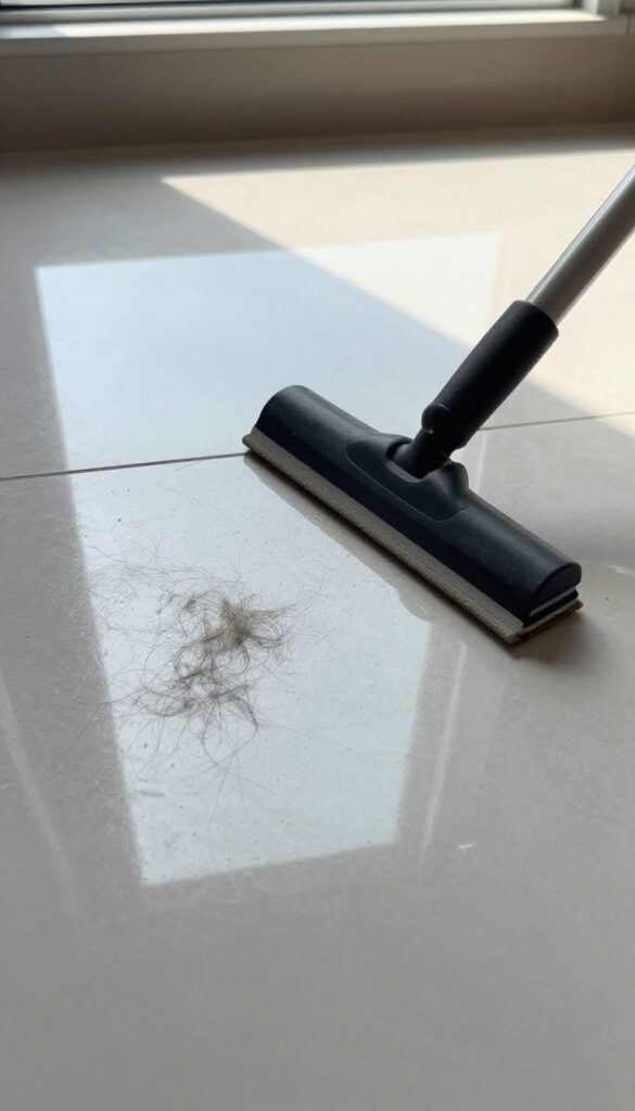 Rubber squeegee gathering pet hair on a hard floor
