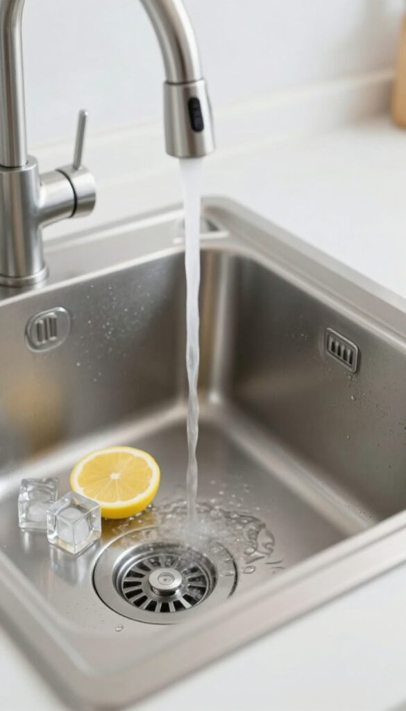 Close-up of kitchen sink with garbage disposal, ice cubes, lemon slice, and running cold water