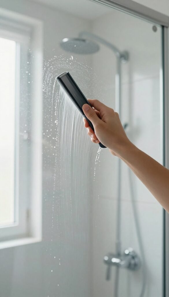 Hand squeegeeing a glass shower door to prevent water spots