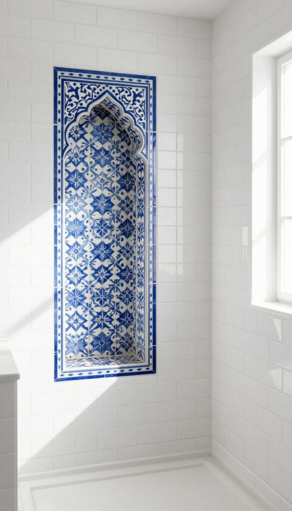 Shower niche with Moroccan patterned tiles as a focal point in a bright, simple bathroom.