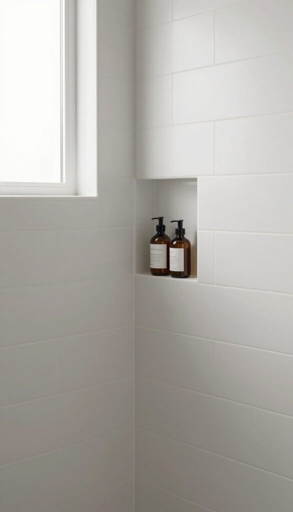 Small bathroom shower with built-in tile niche for storage, clutter-free walls, bright natural light