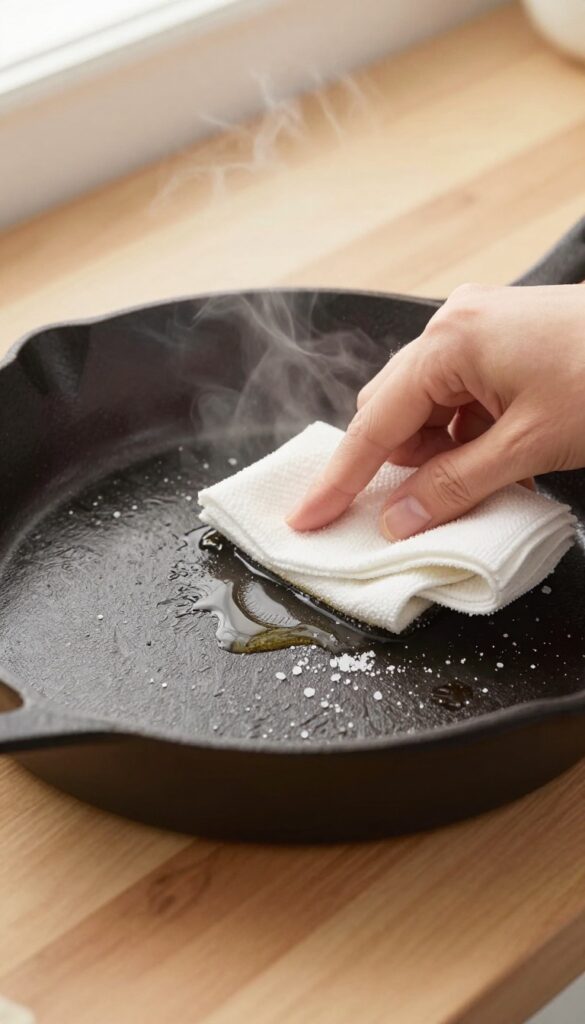 Cleaning a cast iron skillet with coarse salt and oil using a paper towel