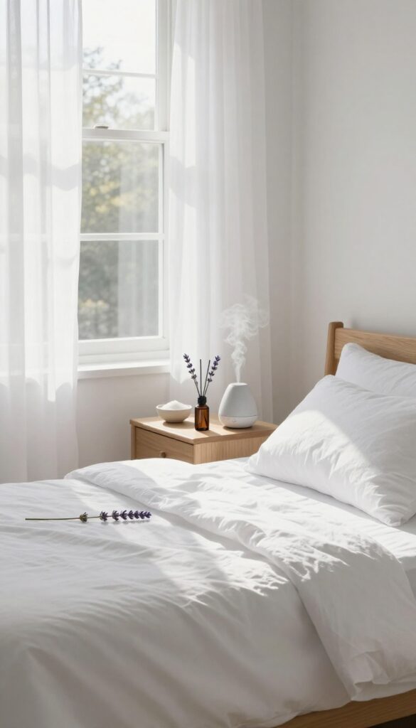 Bedroom with open window, baking soda bowl, and essential oil diffuser for fresh air