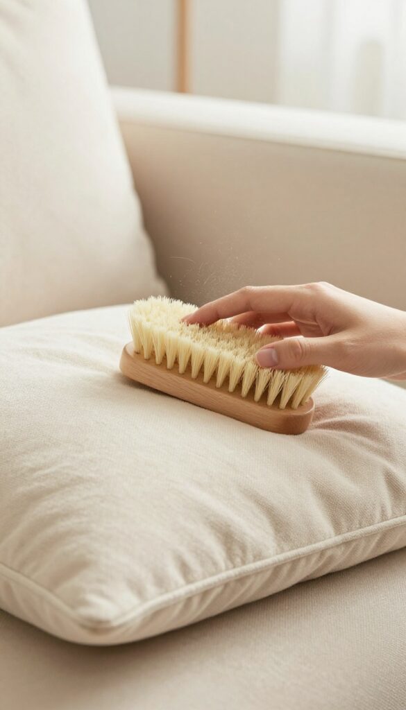 Soft brush lifting dirt from fabric couch cushion before vacuuming