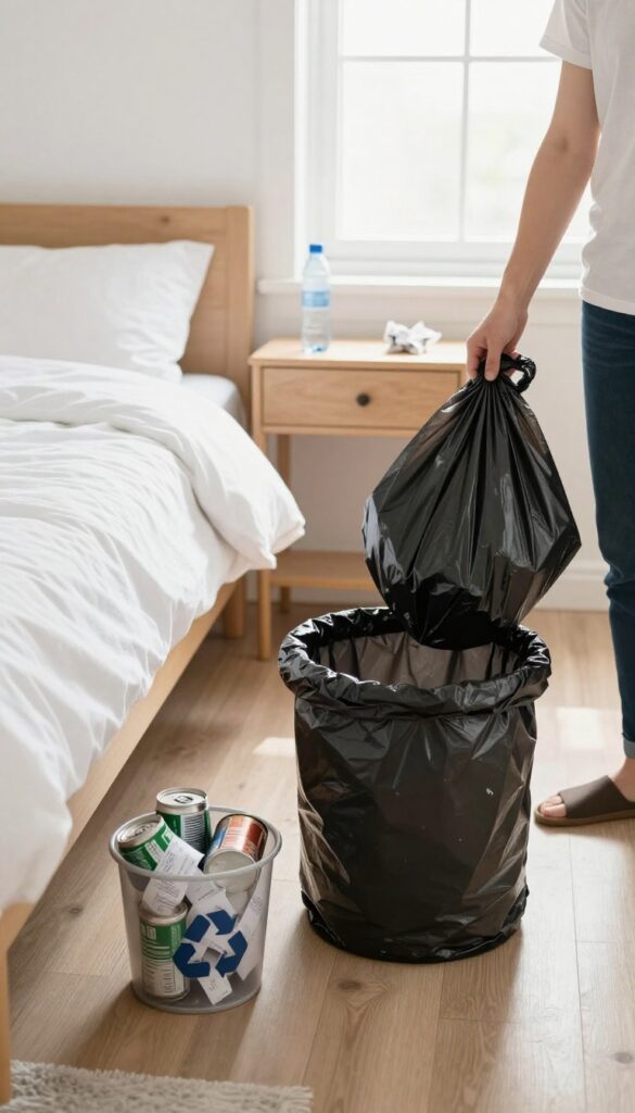 Person emptying a wastebasket into a trash bag in a clean, bright bedroom with natural light.