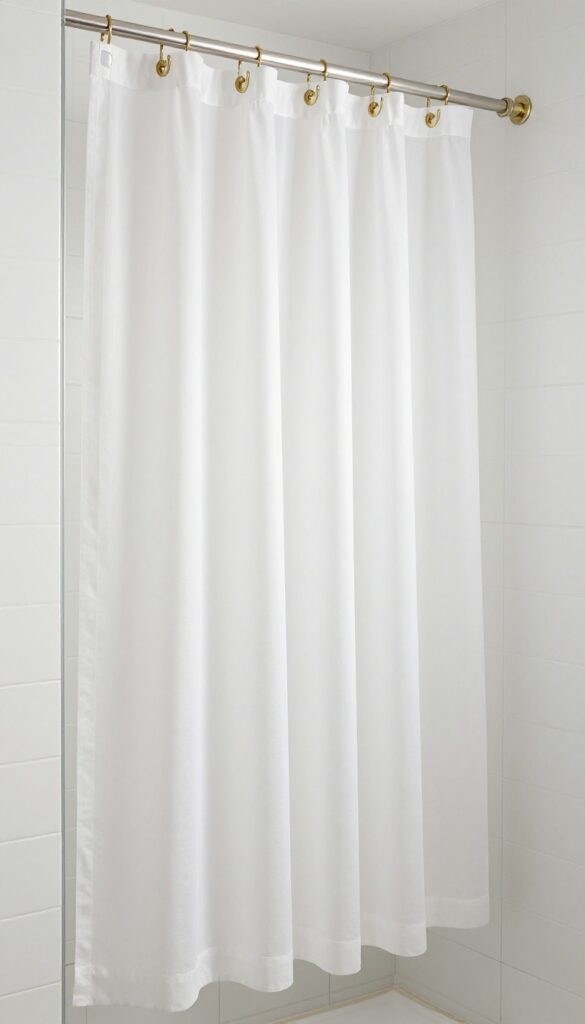 Minimalist bathroom with glass shower door and sheer curtain hanging from hooks on the door frame