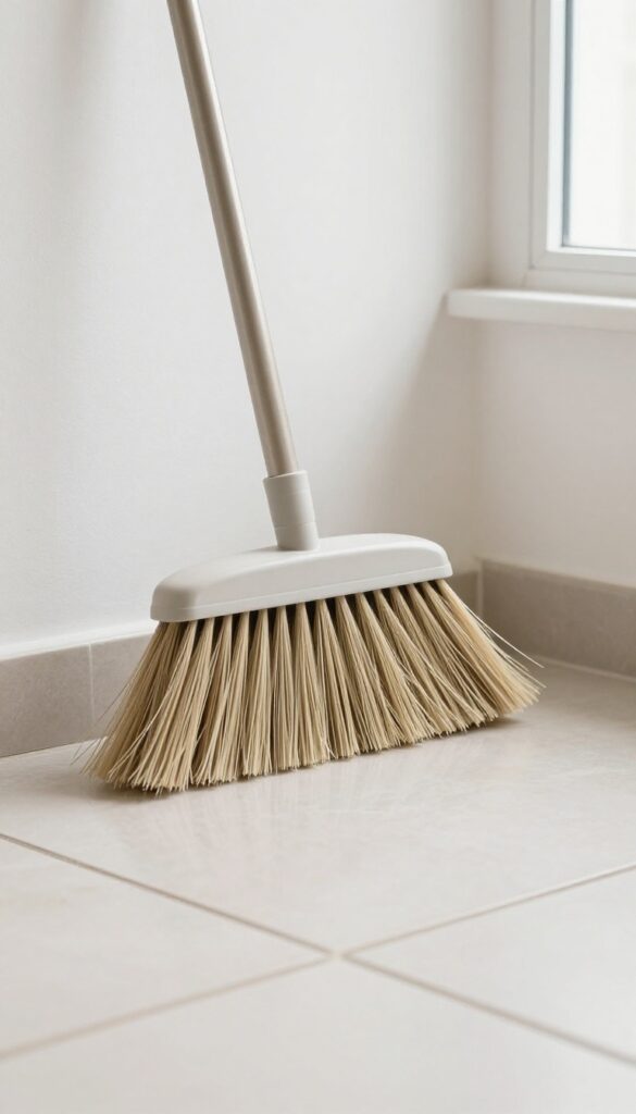 A soft-bristle broom on a clean tiled floor with bright natural light.