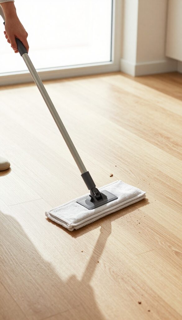 Dry microfiber mop gliding across hardwood floor picking up dust and hair in bright kitchen