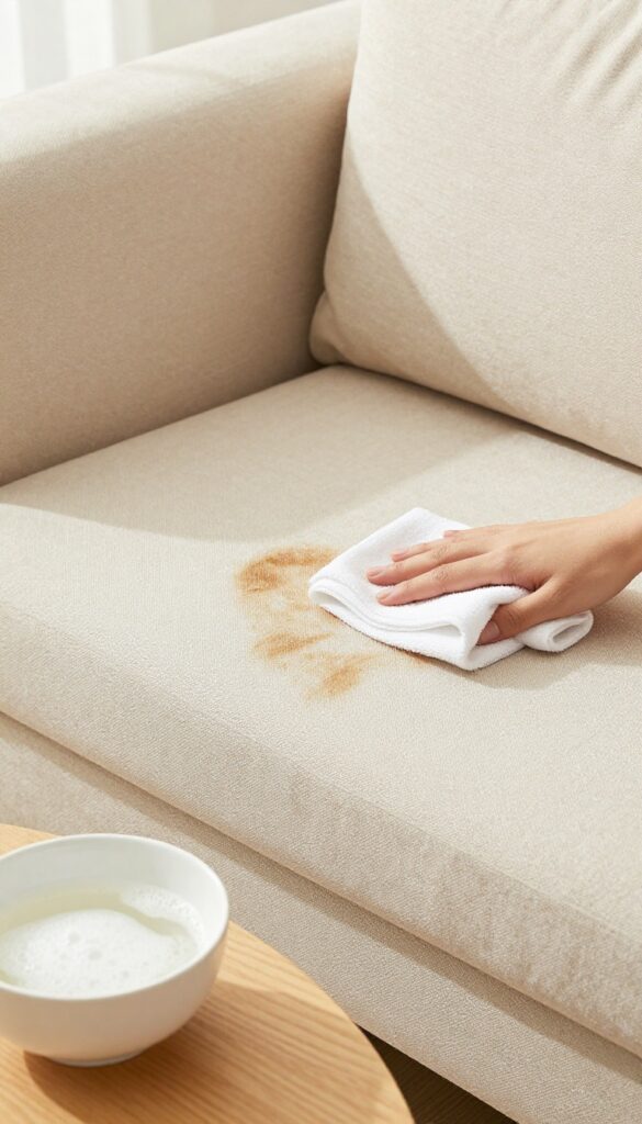A close-up shot of a microfiber couch with a grease stain being blotted with a cloth and soapy water, bright natural lighting.