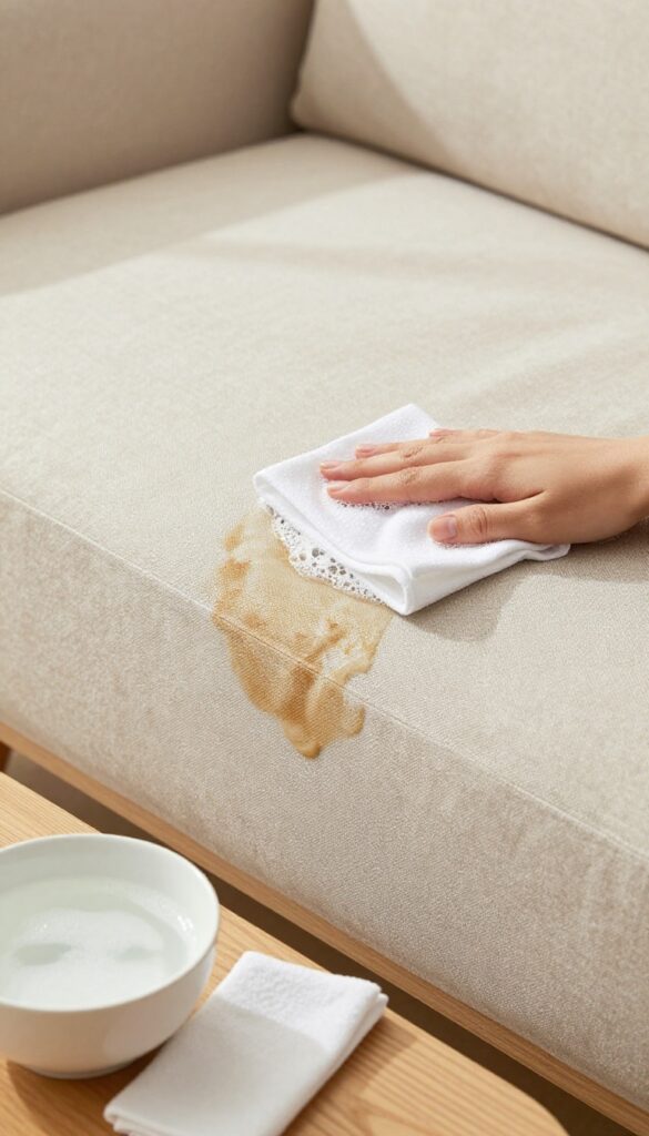 Blotting a grease stain on a beige sofa cushion with a soapy white cloth, with a bowl of soapy water nearby.