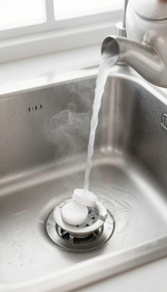 Dishwasher tablets in a kitchen sink drain with steam rising