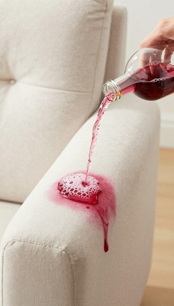 Spot cleaning a red wine stain on light upholstery with club soda, bubbles lifting the stain