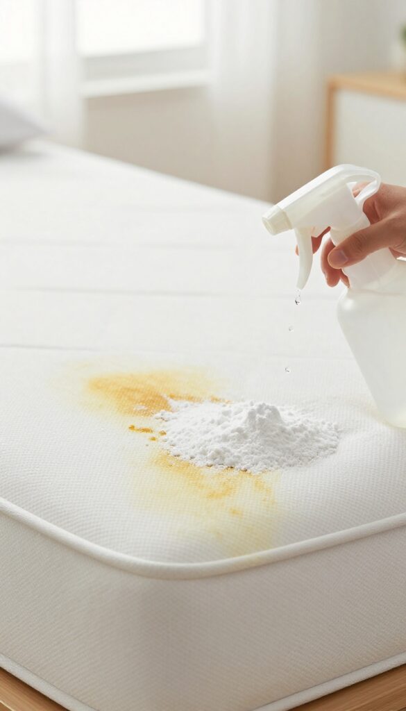 Close-up of a mattress with baking soda and vinegar cleaning a sweat stain