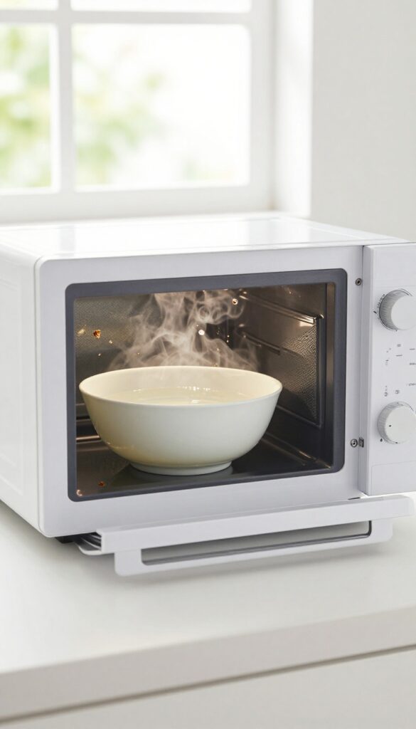 A microwave with a bowl of steaming vinegar water inside, steam loosening dried food splatters.