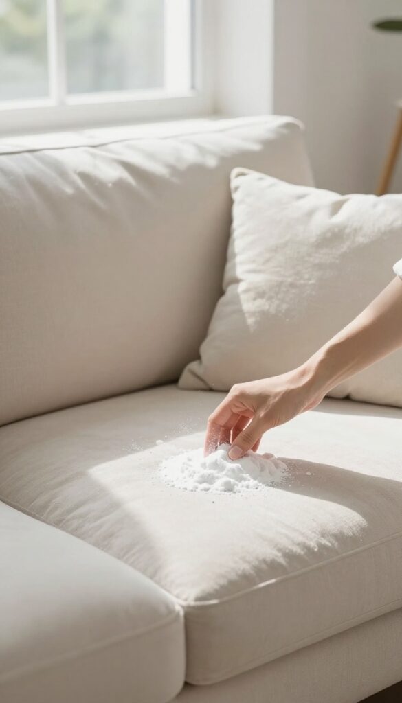 Person sprinkling baking soda on a sofa cushion for odor removal