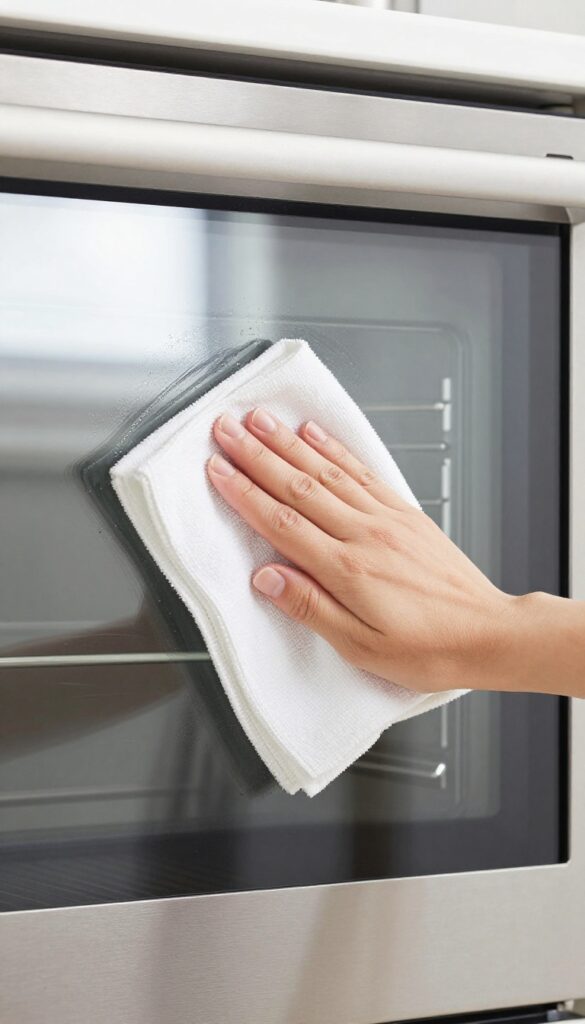 Hand wiping a warm oven glass window with a microfiber cloth to prevent future buildup
