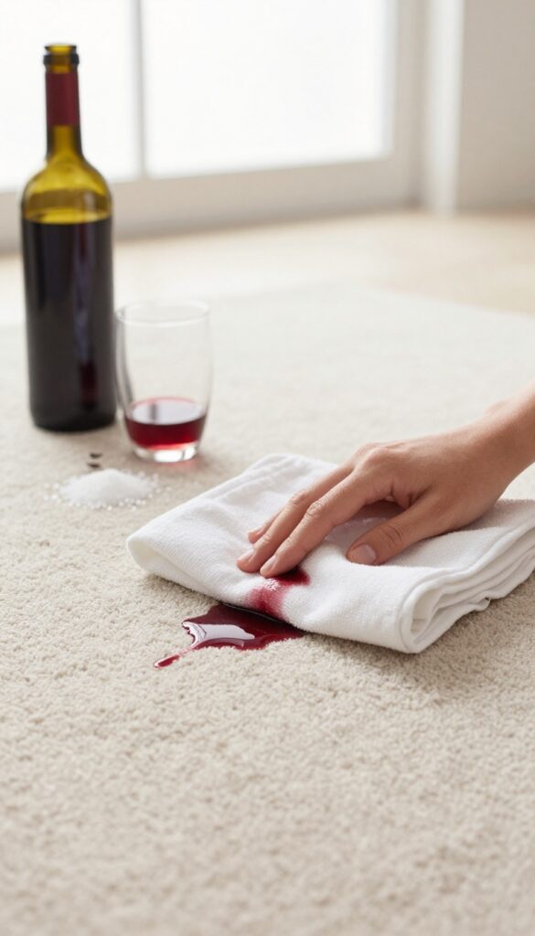 Blotting red wine spill on light carpet with club soda and white cloth