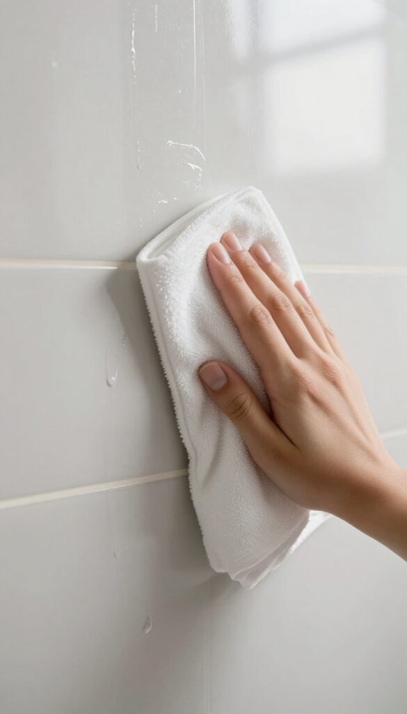 Hand polishing a clean bathroom wall with a dry microfiber cloth, bright natural light, streak-free finish