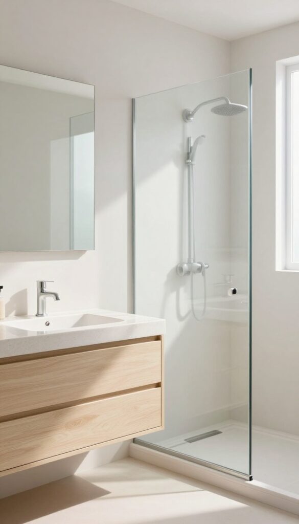 Floating vanity next to a curbless shower in a small bright bathroom