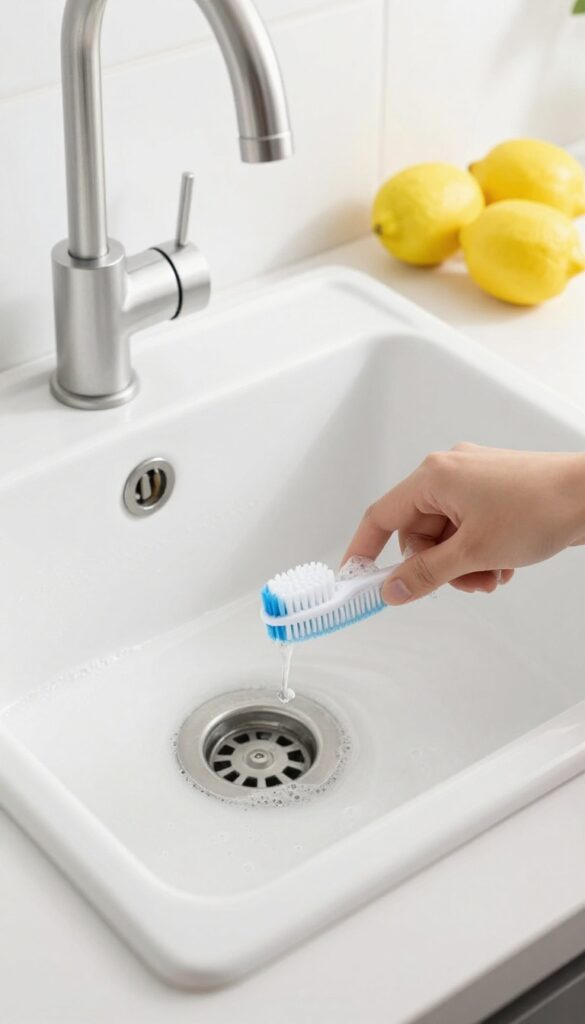 Cleaning garbage disposal splash guard with toothbrush and soapy water