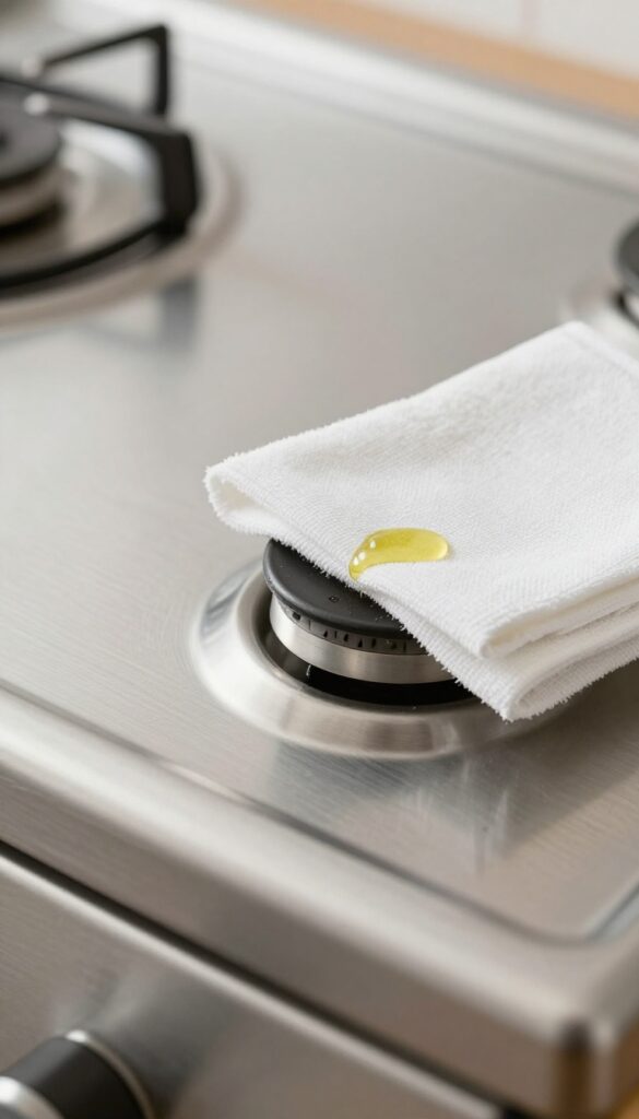 Polishing stainless steel burner cap with olive oil on a clean stovetop