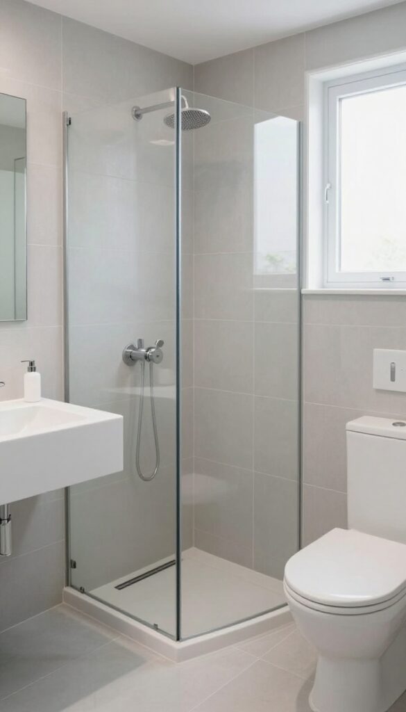 Walk-in wet room with linear drain, floating vanity, and rainfall showerhead in a small bathroom