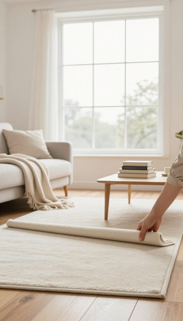 Hand straightening a rug in a bright, clean living room with fluffy pillows and aligned books.