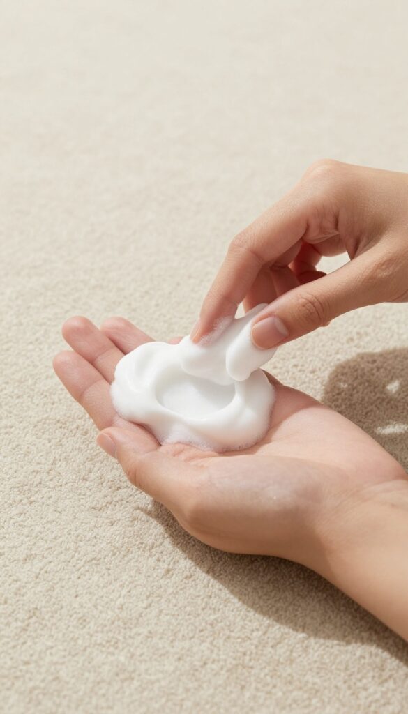 Applying white shaving cream foam to an ink stain on a light carpet
