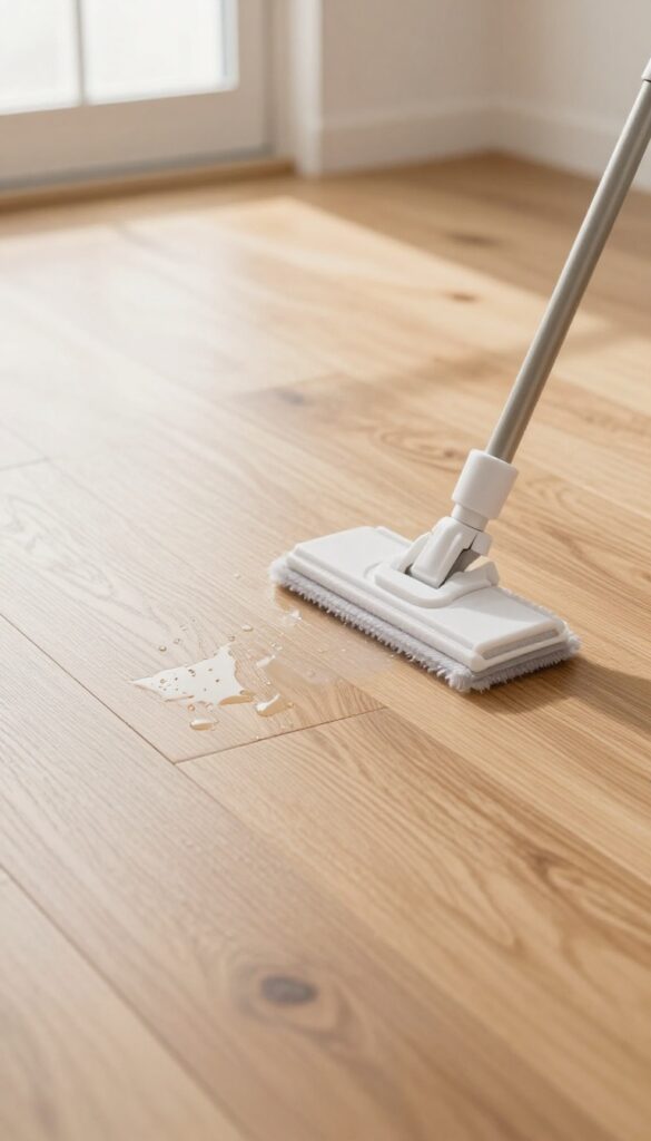 Steam mop on hardwood floor with visible moisture and subtle warping