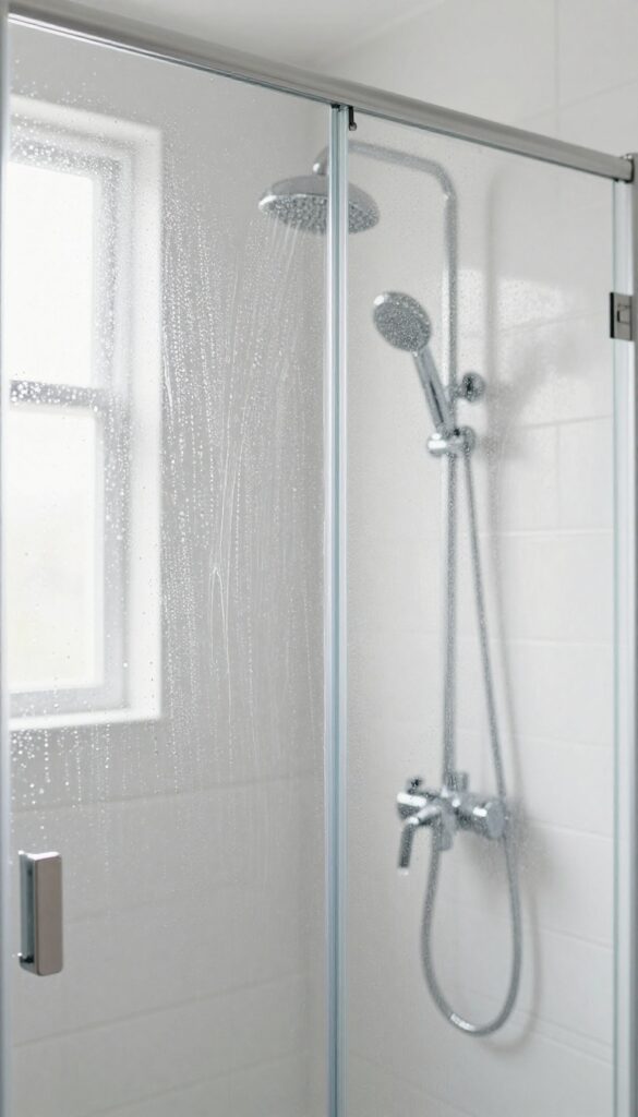 Close-up of a glass shower door being sprayed with cleaning solution, with natural light and a clean bathroom background.