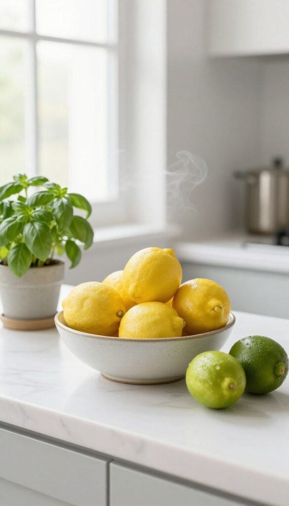 A clean kitchen counter with a bowl of lemons and limes and a small potted herb plant, fresh and inviting.