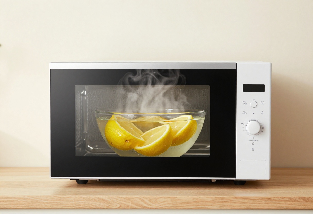 Clean microwave interior with a bowl of water and lemon slices steaming