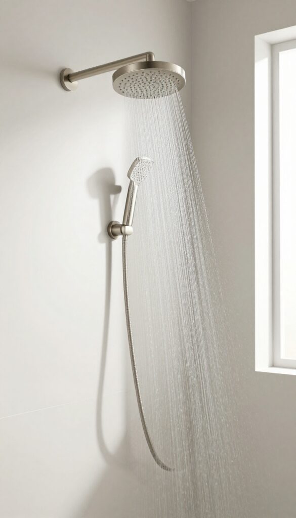 Rainfall shower head with full water coverage in a bright, clean bathroom