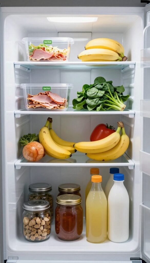 A clear 'Eat First' bin on the top shelf of a clean fridge, filled with soon-to-expire leftovers and produce.