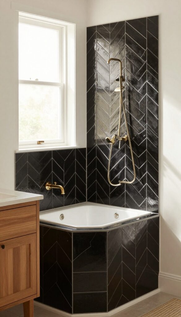 Black hexagonal tile shower with white grout, chevron pattern, wooden vanity and brass fixtures in natural light