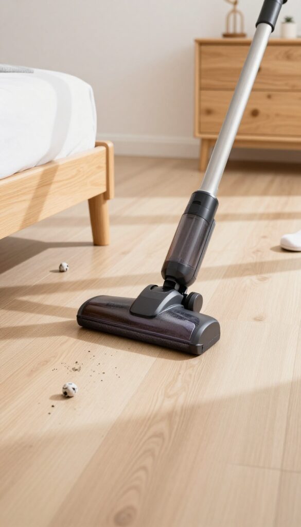Vacuuming under the bed with a flat wand attachment, dust bunnies and a sock on the floor, bedroom with dresser and nightstand in background