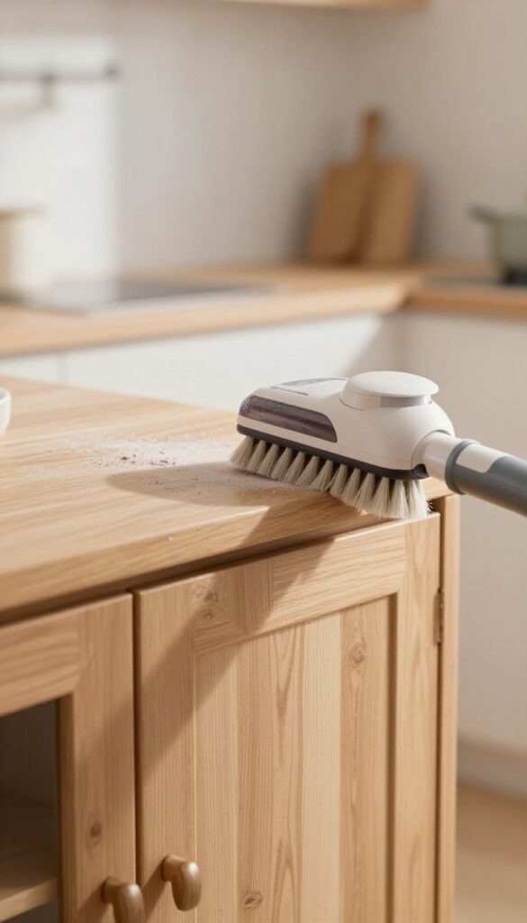 Vacuuming dust from wooden cabinet with soft brush attachment