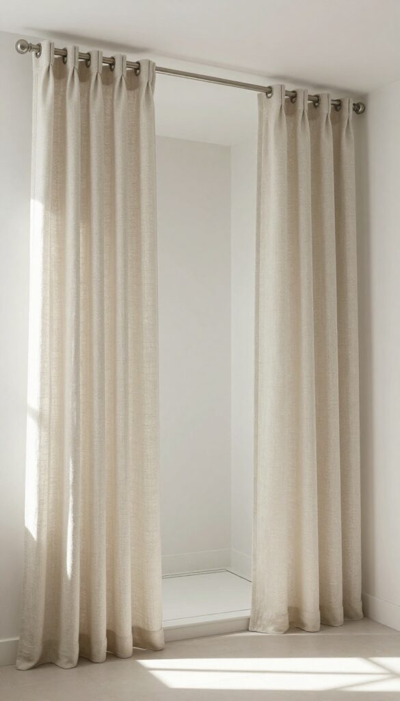 Multiple shower curtain panels hung from a high rod creating vertical lines for a taller-looking bathroom