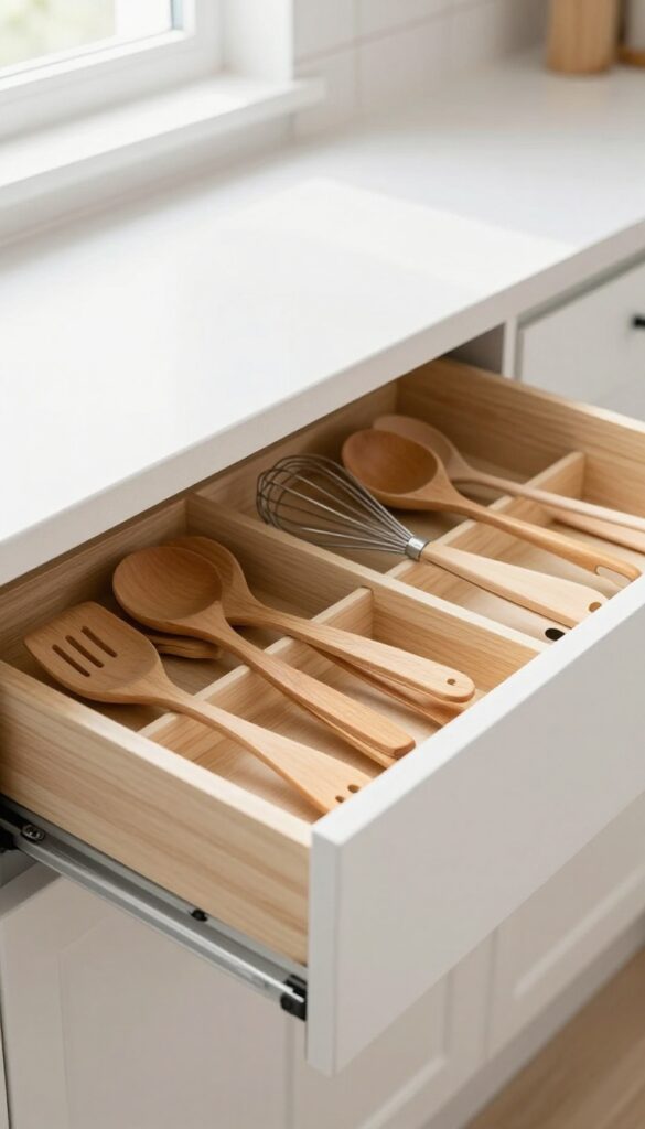 Neatly organized kitchen drawer with divided utensil holders and wooden tools in natural light