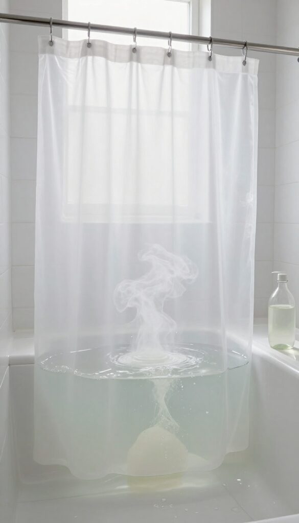 White shower curtain liner soaking in a bathtub with vinegar and hot water, natural light, clean bathroom