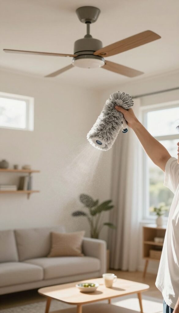 Person dusting a ceiling fan with a microfiber duster in a bright living room