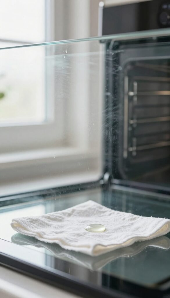 Close-up of a sparkling clean oven glass window with a drop of baby oil on a cloth, reflecting natural light.