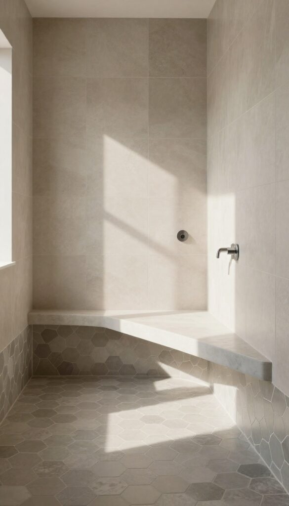 Hexagon mosaic tiles in matte gray on shower floor and feature wall, neutral bathroom design